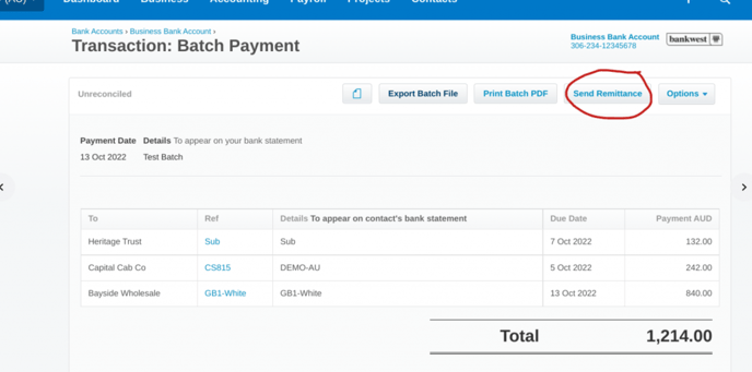 Xero Send Remittance
